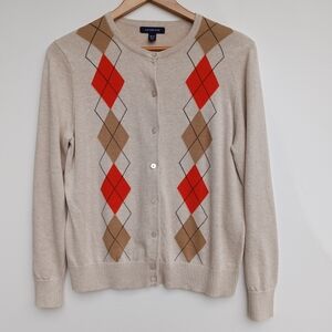 Lands' End Women's Cotton Argyle Beige, Tan & Orange Button Front Crew Cardigan